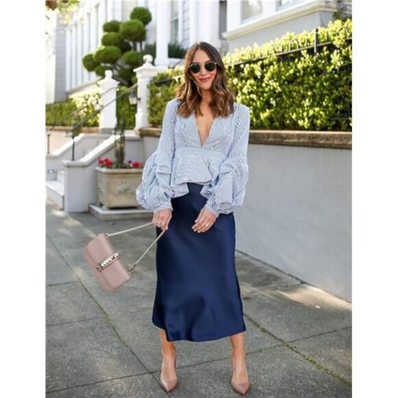 Womens Satin Skirts Zipper Elegant Navy Blue - Picture 2 of 6